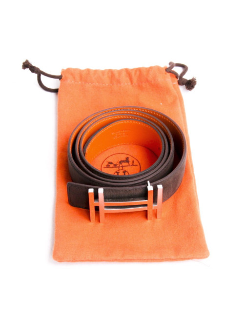 Ceinture HERMES t 85  bicolore veau velours marron, orange