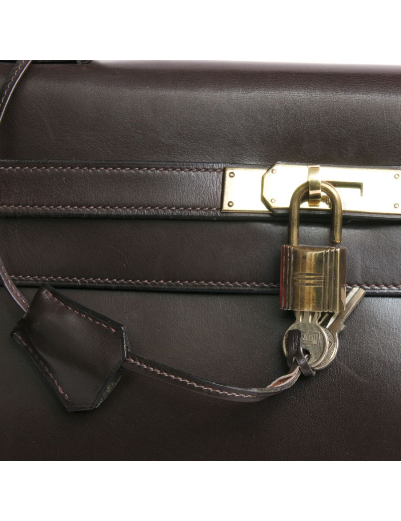 Sac Kelly HERMES cuir box marron 