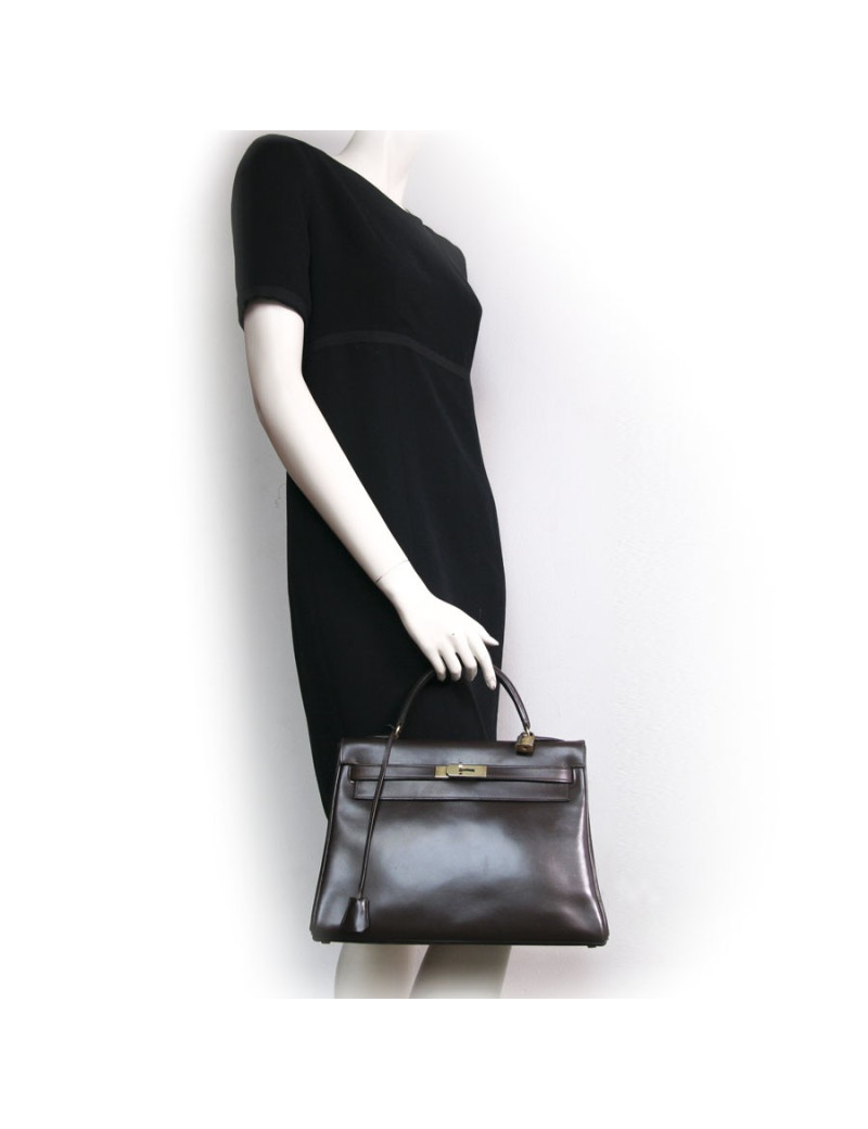 Sac Kelly HERMES cuir box marron 
