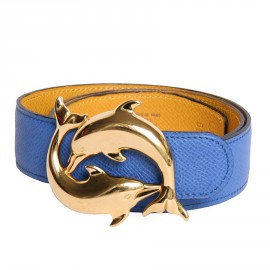 Belt HERMES t 68 "Dolphins" reversible blue and yellow vintage