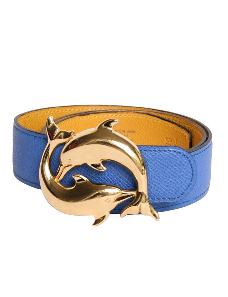 Ceinture HERMES t 68 "Les dauphins" réversible bleu et jaune vintage