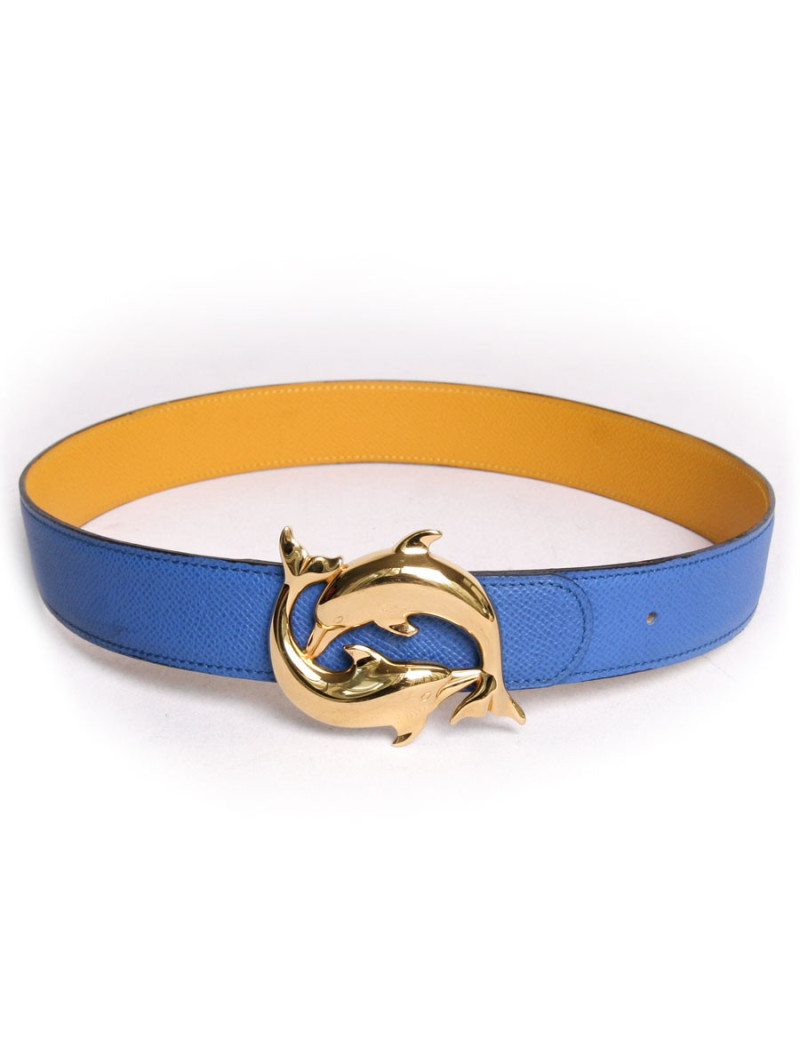 Ceinture HERMES t 68 "Les dauphins" réversible bleu et jaune vintage