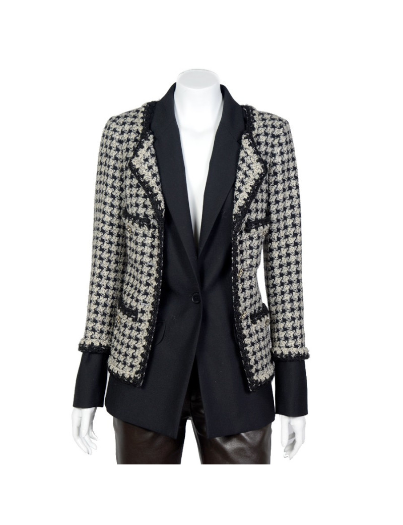 Veste "Hybride" T40 CHANEL pied de poule noir et blanc 