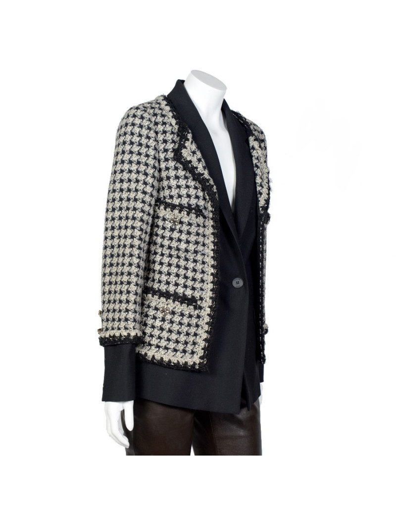 Veste "Hybride" T40 CHANEL pied de poule noir et blanc 
