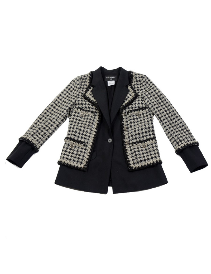 Veste "Hybride" T40 CHANEL pied de poule noir et blanc 