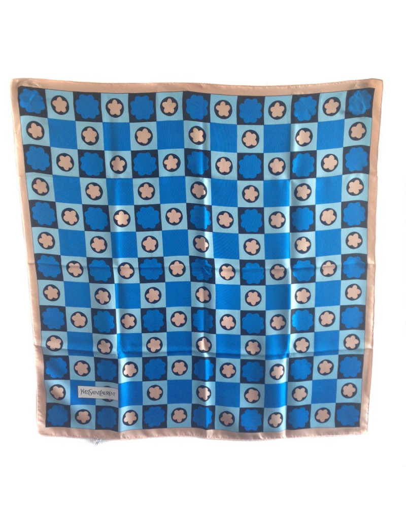 Carré de soie Yves Saint Laurent vintage bleu et beige