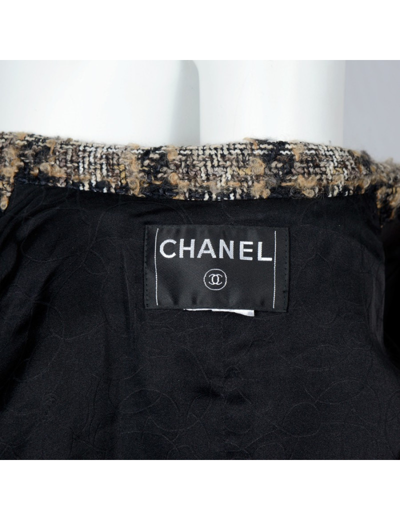 Veste CHANEL T 44 tweed marron beige et noire