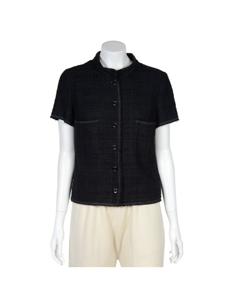 Veste CHANEL T38 tweed noir manches courtes