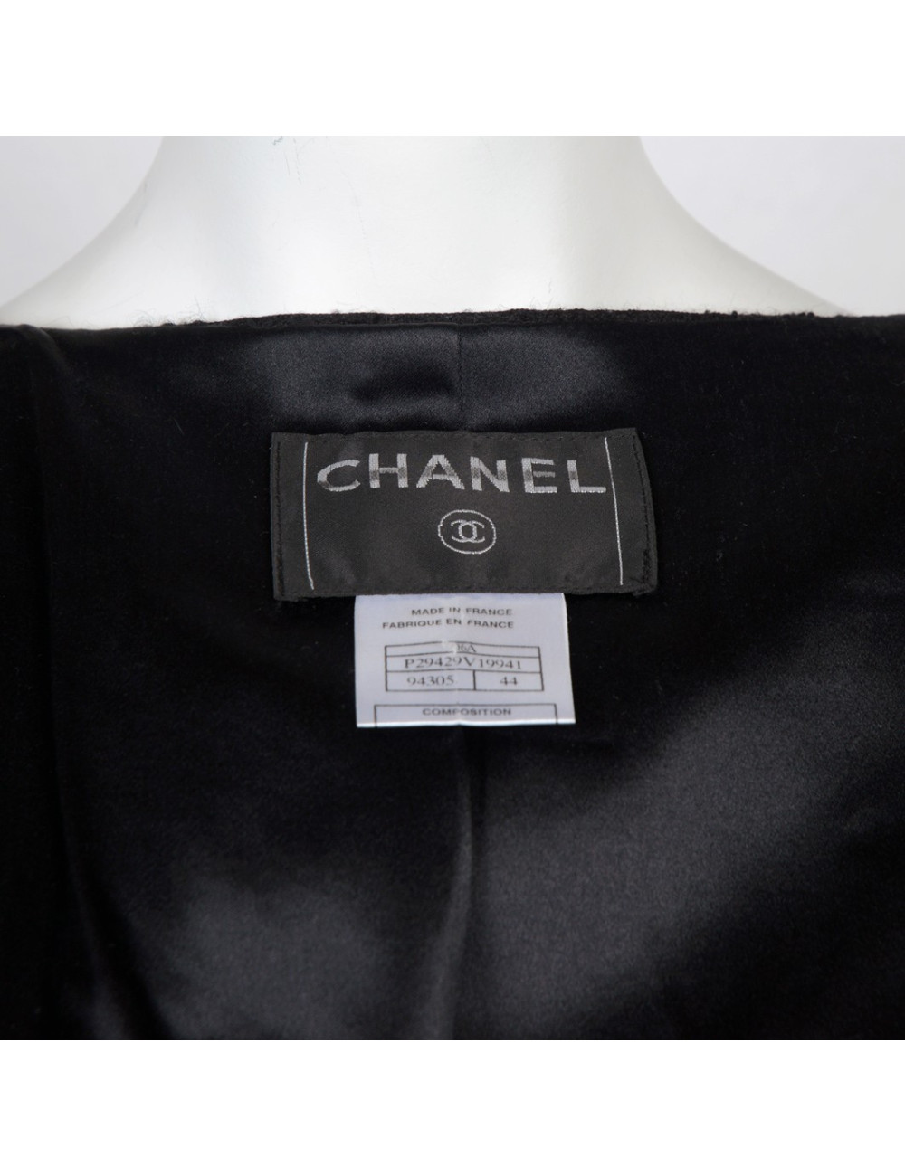 Veste CHANEL T 44 tweed et rubans noirs