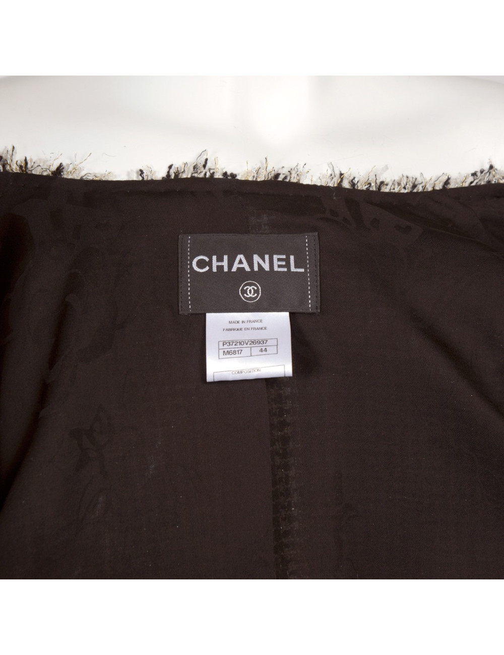 Veste CHANEL T 44 noire, blanche et or 