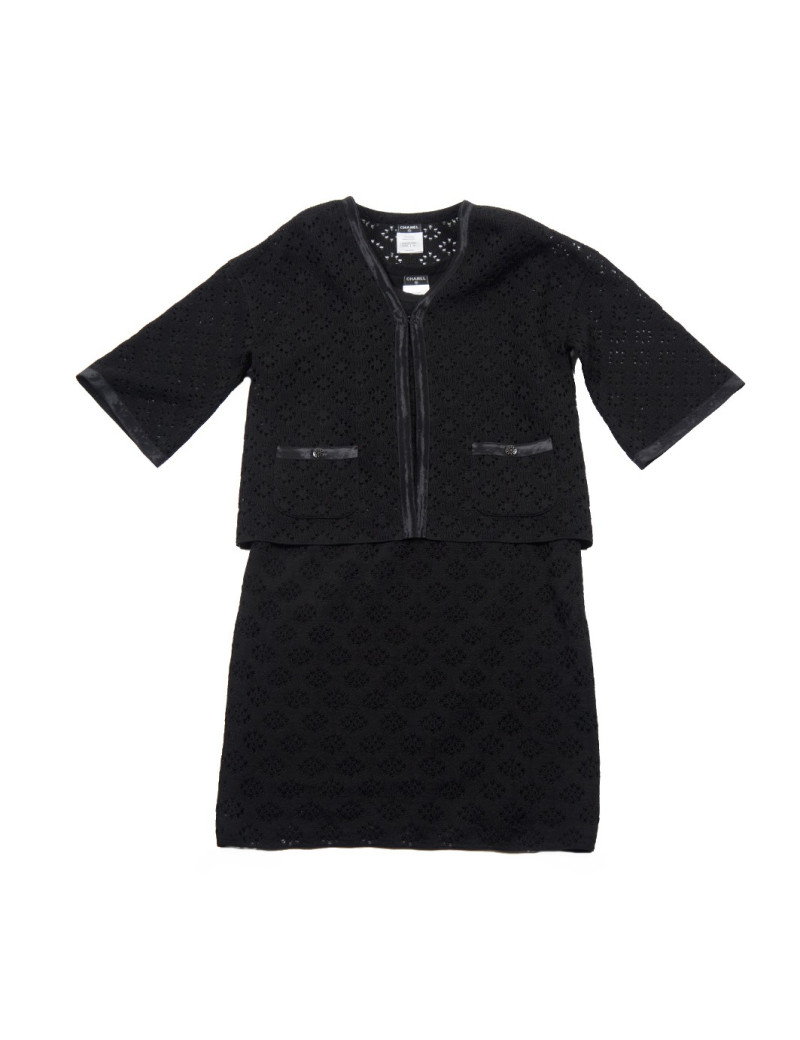 Ensemble CHANEL t 40 robe et veste dentelle noire soie