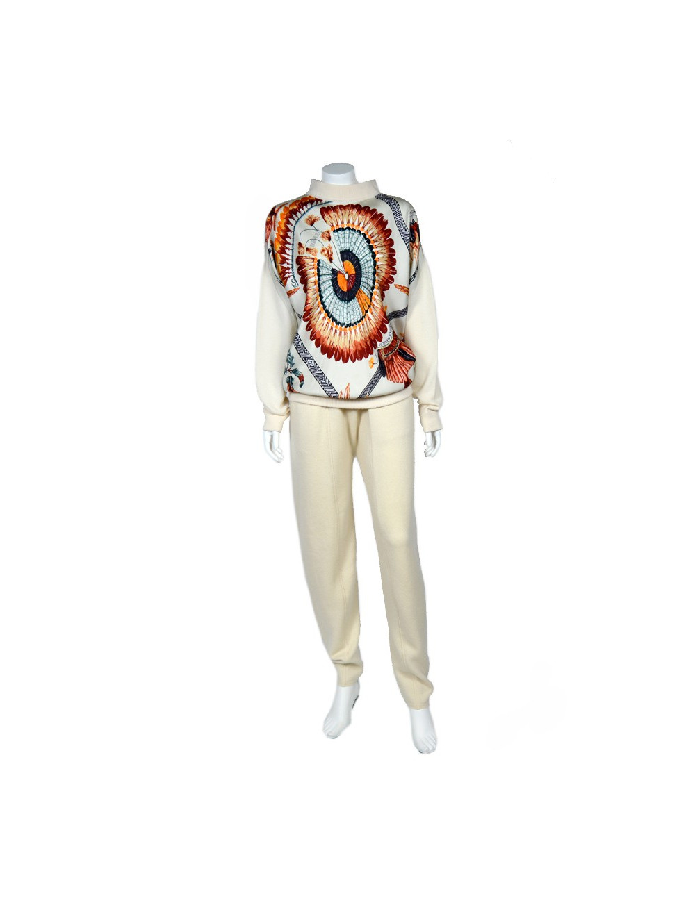 Ensemble blouse et pantalon HERMES soie  et cachemire motifs "plumes"