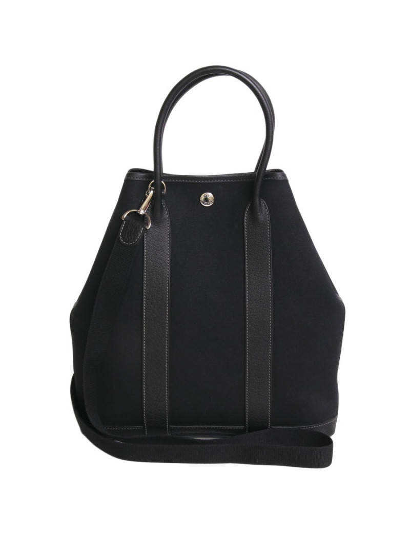 Sac cabas HERMES avec bandoulière noir toile et cuir togo