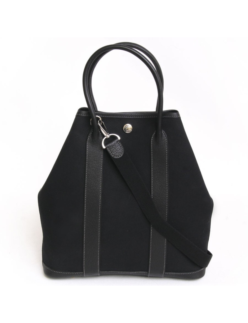 Sac cabas HERMES avec bandoulière noir toile et cuir togo