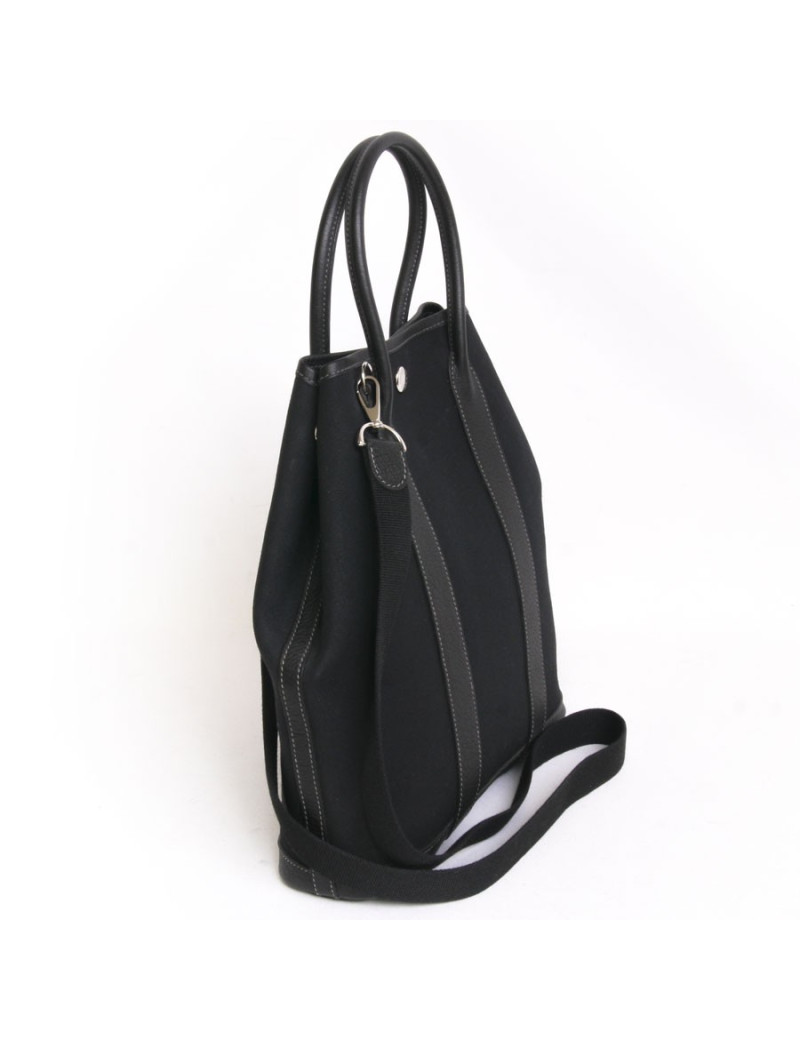 Sac cabas HERMES avec bandoulière noir toile et cuir togo
