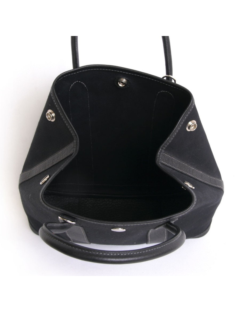 Sac cabas HERMES avec bandoulière noir toile et cuir togo