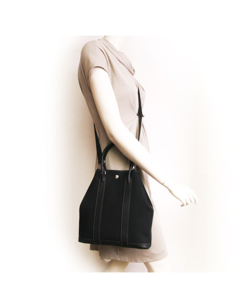 Sac cabas HERMES avec bandoulière noir toile et cuir togo