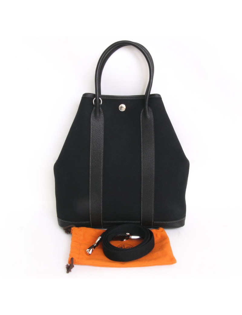 Sac cabas HERMES avec bandoulière noir toile et cuir togo