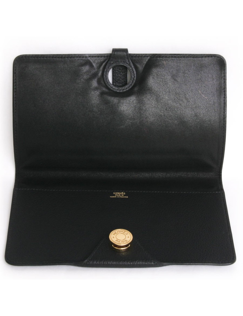 Porte chéquier "dogon" HERMES cuir grainé noir