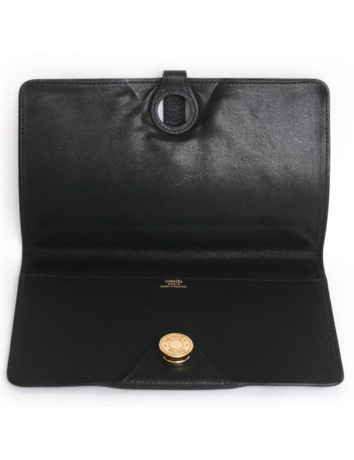 Porte chéquier "dogon" HERMES cuir grainé noir