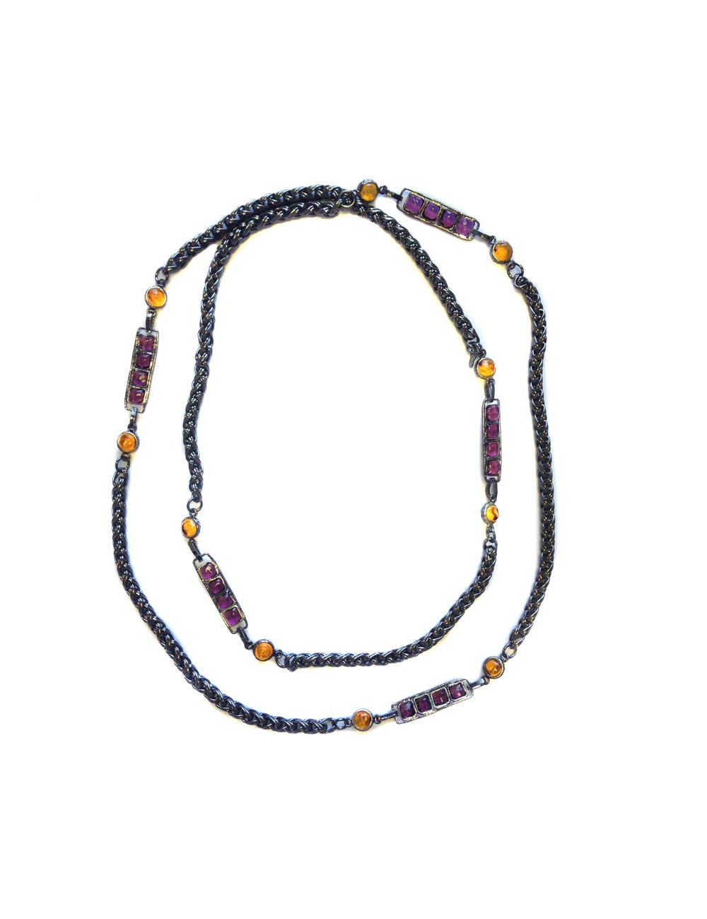 Sautoir MARGUERITE DE VALOIS chaîne ruthénium et pâte de verre jaune et mauve