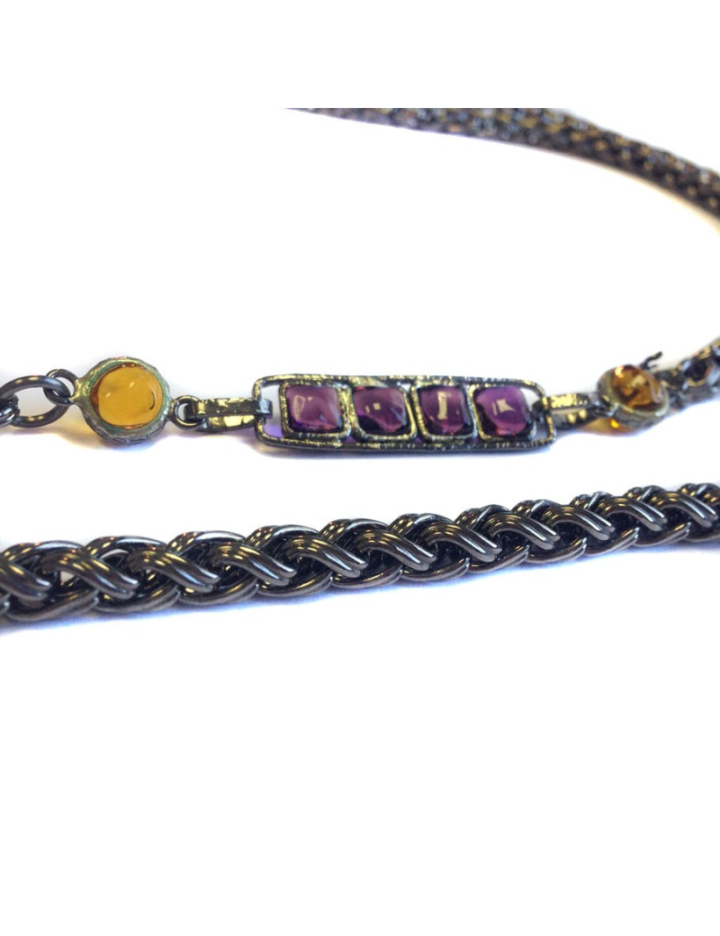 Sautoir MARGUERITE DE VALOIS chaîne ruthénium et pâte de verre jaune et mauve