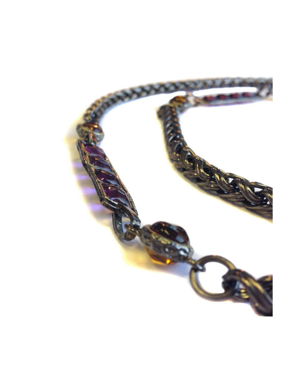 Sautoir MARGUERITE DE VALOIS chaîne ruthénium et pâte de verre jaune et mauve