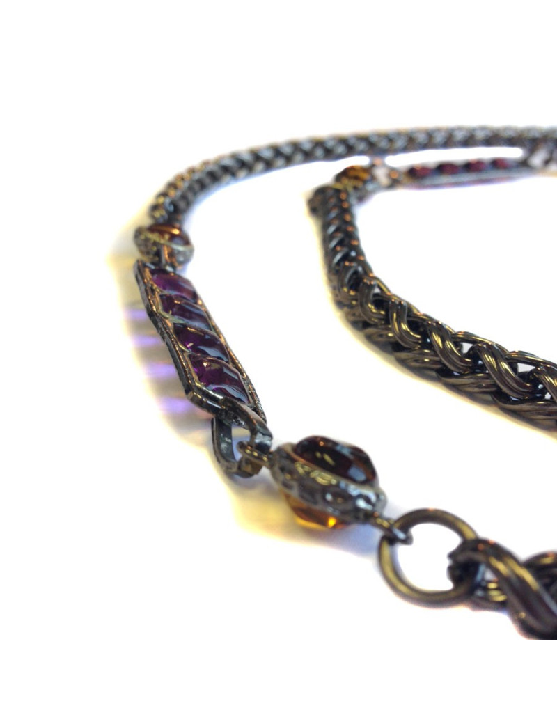 Sautoir MARGUERITE DE VALOIS chaîne ruthénium et pâte de verre jaune et mauve