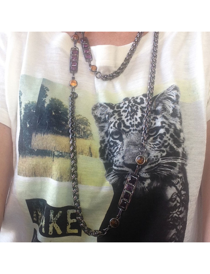 Sautoir MARGUERITE DE VALOIS chaîne ruthénium et pâte de verre jaune et mauve