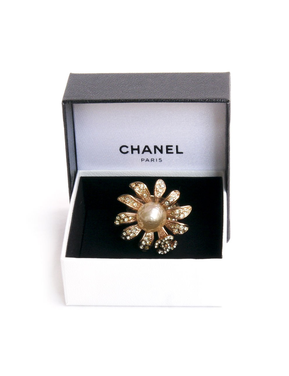 Bague CHANEL fleur dorée et strass