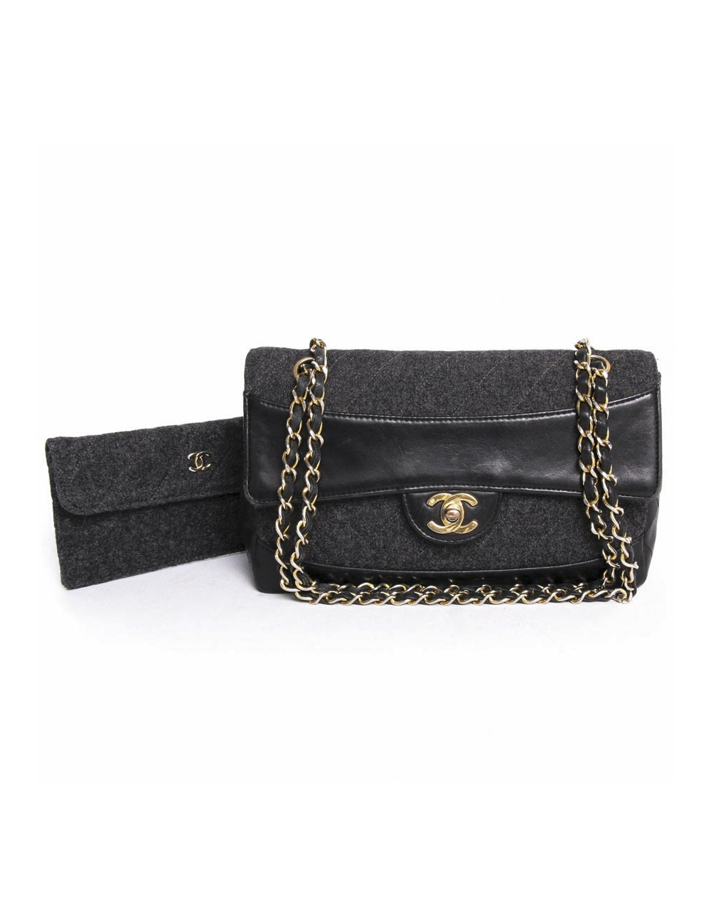 Sac mademoiselle en cuir noir et jersey gris CHANEL