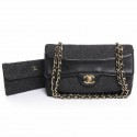 CHANEL Mademoiselle bag in black leather and gray jersey