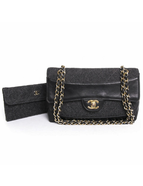 Sac mademoiselle en cuir noir et jersey gris CHANEL