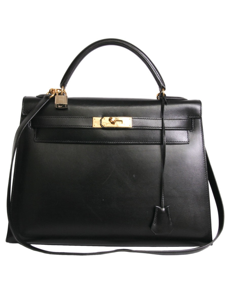Sac Kelly 32 HERMES cuir box noir piqûres sellier