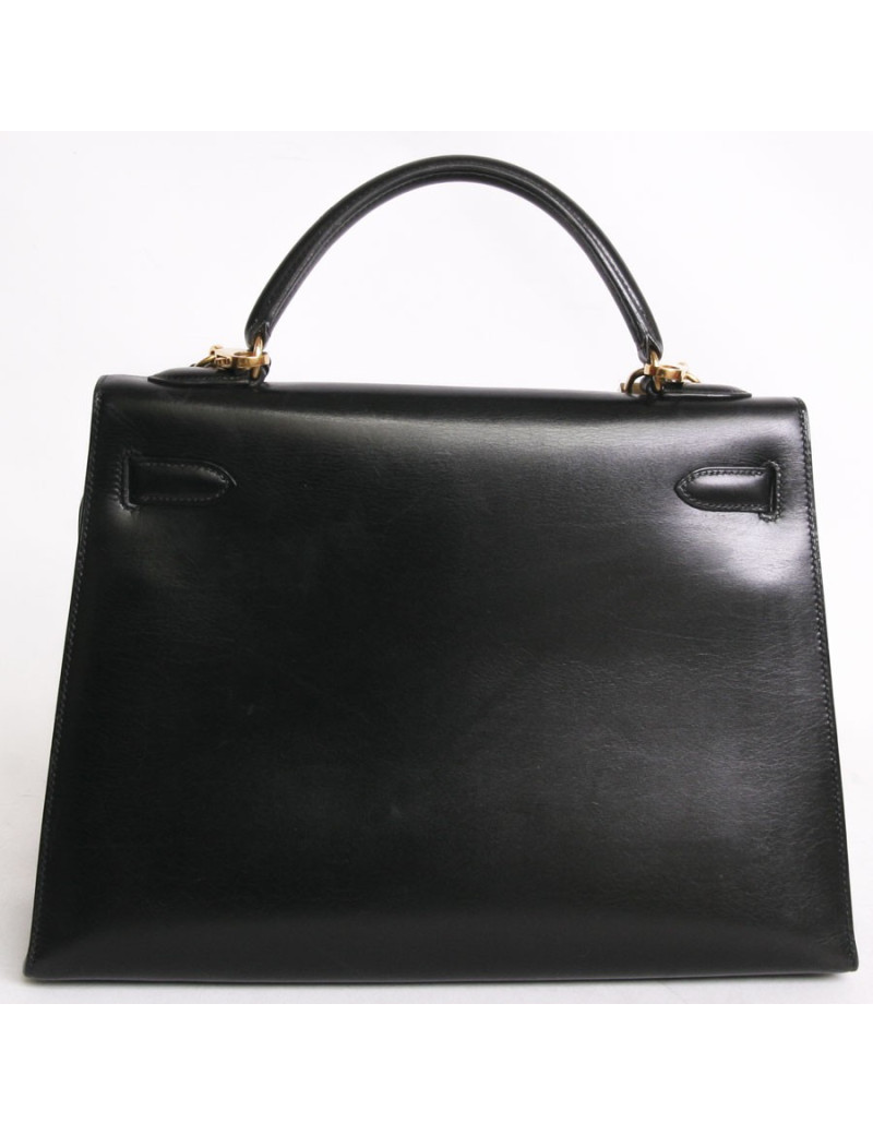 Sac Kelly 32 HERMES cuir box noir piqûres sellier  bijouterie dorée