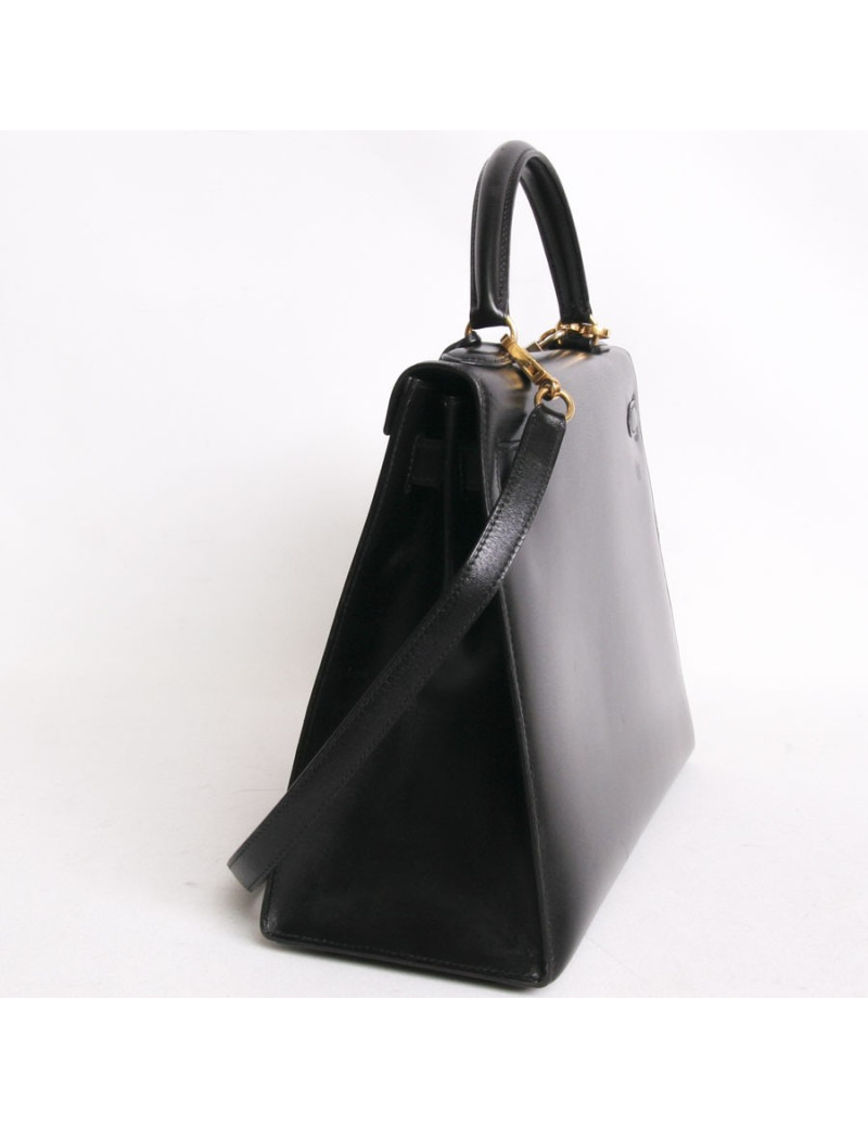 Sac Kelly 32 HERMES cuir box noir piqûres sellier  bijouterie dorée