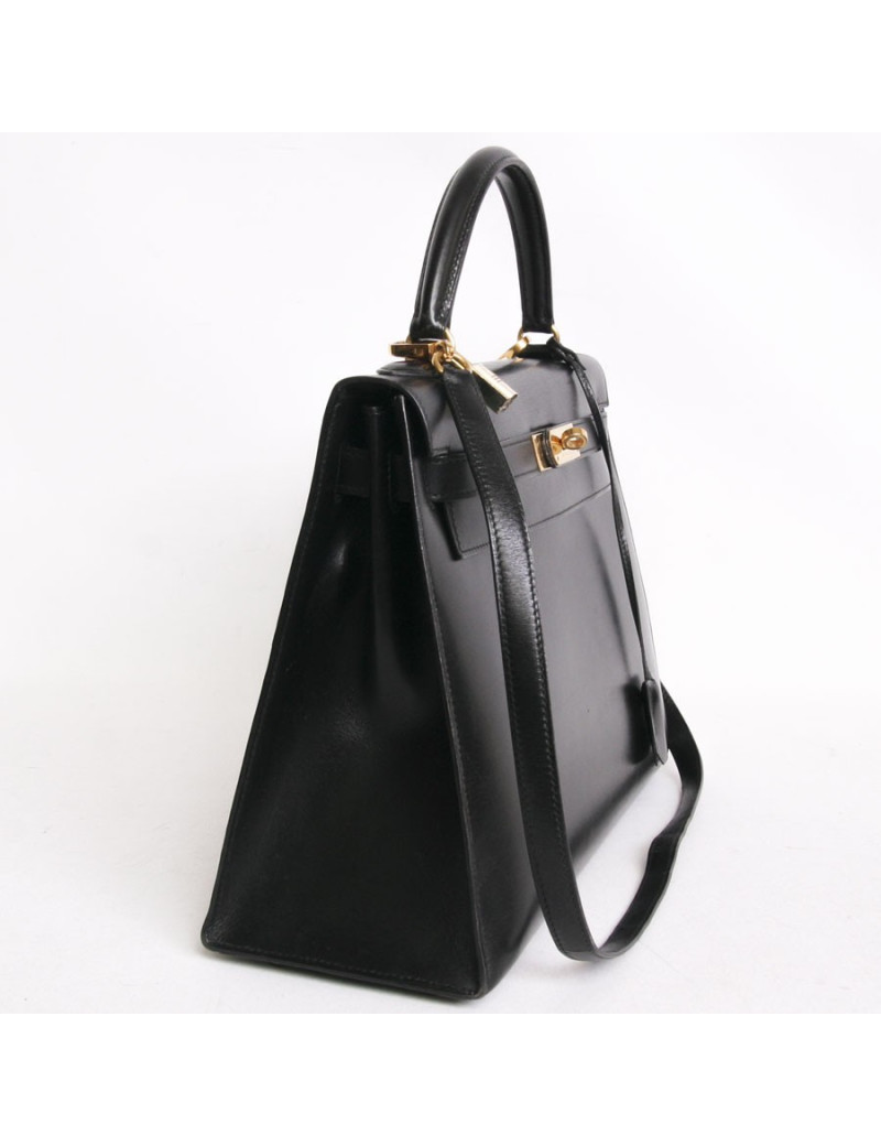 Sac Kelly 32 HERMES cuir box noir piqûres sellier  bijouterie dorée