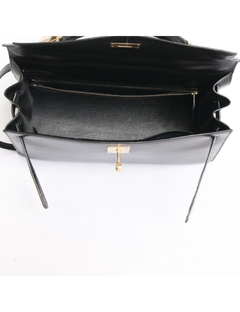 Sac Kelly 32 HERMES cuir box noir piqûres sellier  bijouterie dorée