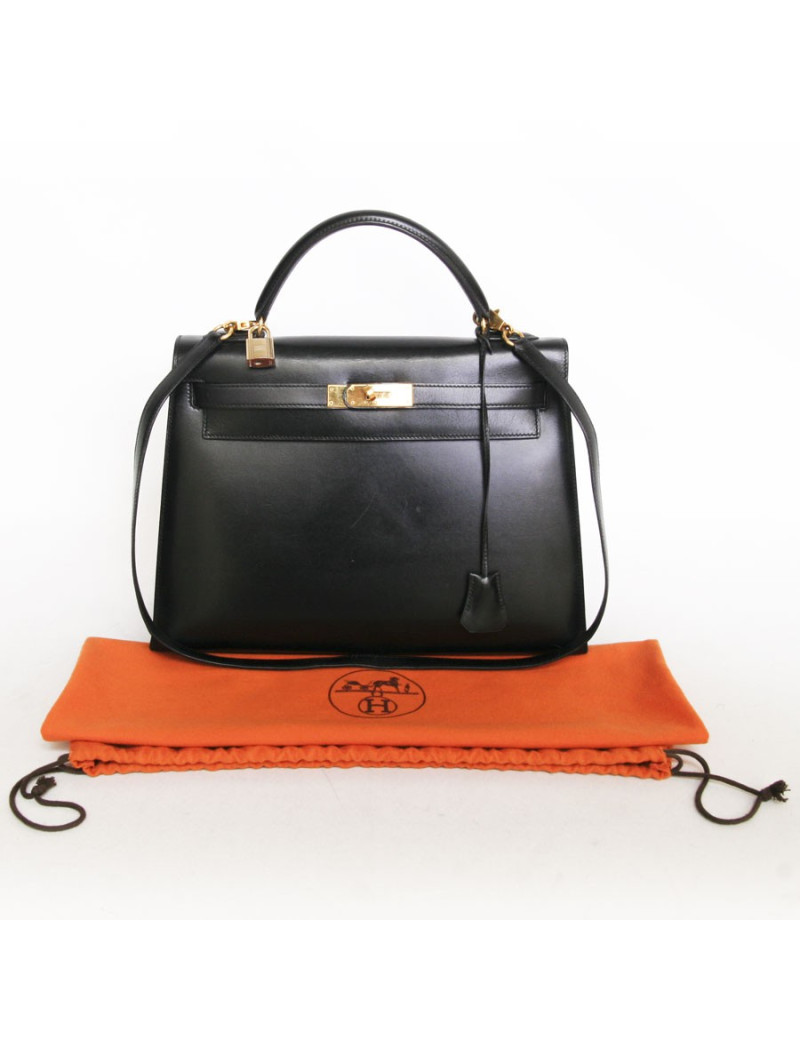 Sac Kelly 32 HERMES cuir box noir piqûres sellier  bijouterie dorée