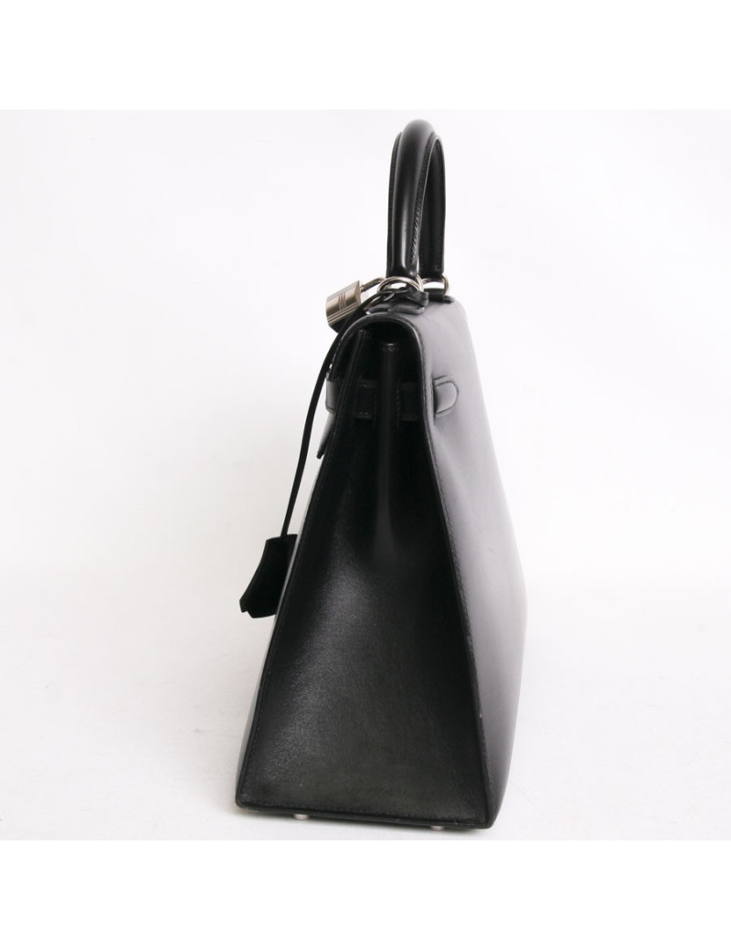 Sac Kelly 32 HERMES cuir box noir piqûres sellier bijouterie palladium