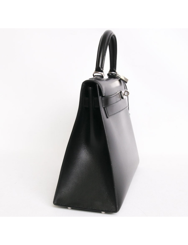 Sac Kelly II 32 HERMES cuir box noir piqûres sellier bijouterie palladium