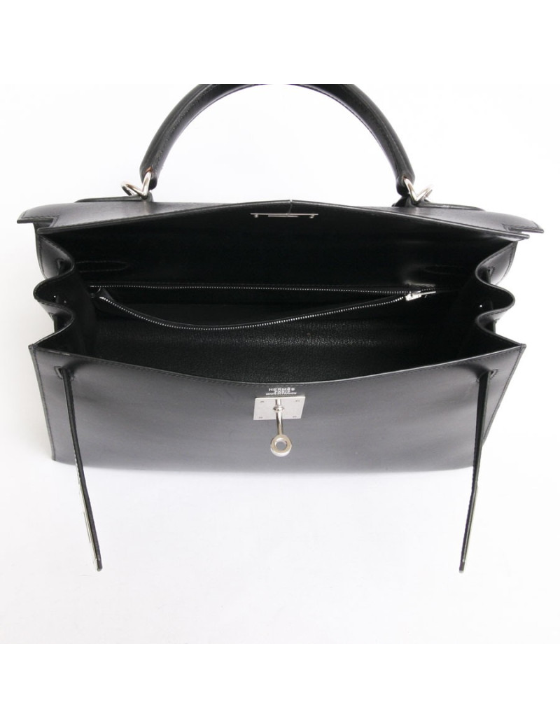 Sac Kelly 32 HERMES cuir box noir piqûres sellier bijouterie palladium