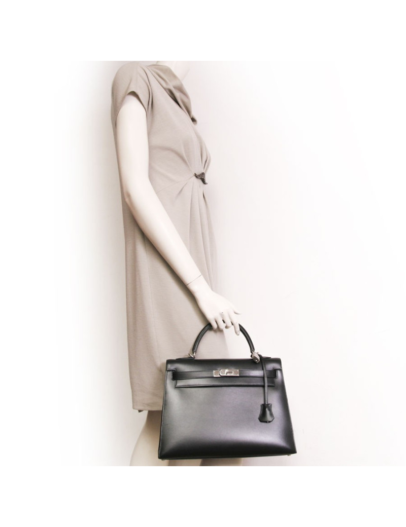 Sac Kelly II 32 HERMES cuir box noir piqûres sellier bijouterie palladium