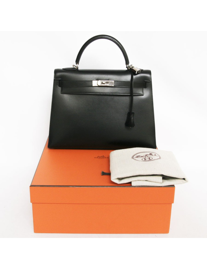 Sac Kelly II 32 HERMES cuir box noir piqûres sellier bijouterie palladium