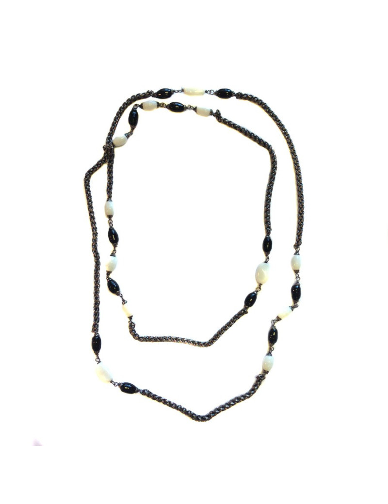 Sautoir MARGUERITE DE VALOIS chaîne ruthénium et pâte de verre blanche et noire