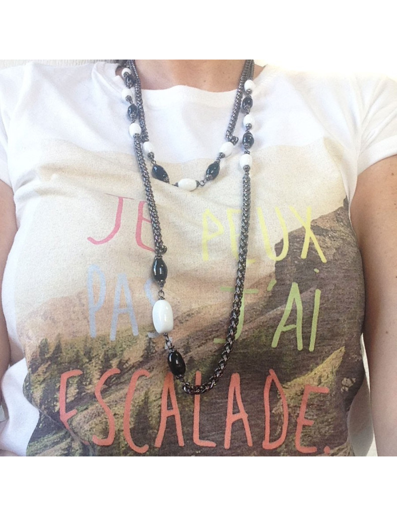 Sautoir MARGUERITE DE VALOIS chaîne ruthénium et pâte de verre blanche et noire