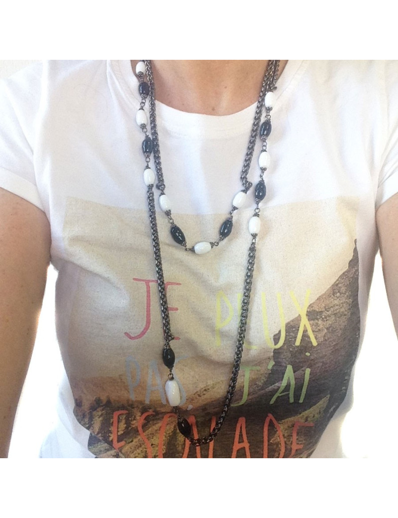 Sautoir MARGUERITE DE VALOIS chaîne ruthénium et pâte de verre blanche et noire