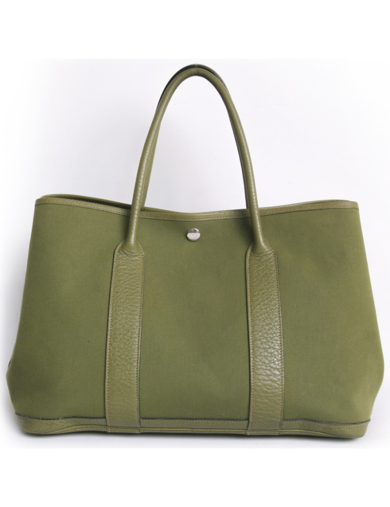 Sac Garden party HERMES toile kaki et cuir taurillon Clémence bicolore