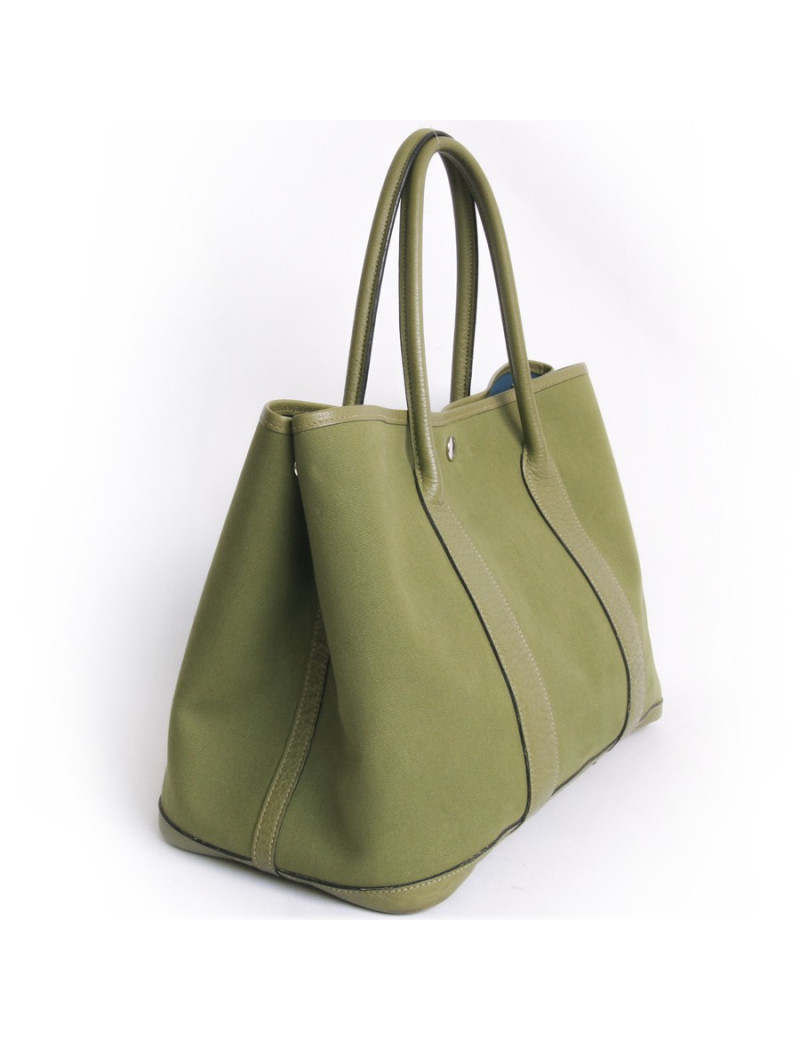 sac Garden party HERMES toile kaki et cuir taurillon Clémence bicolore