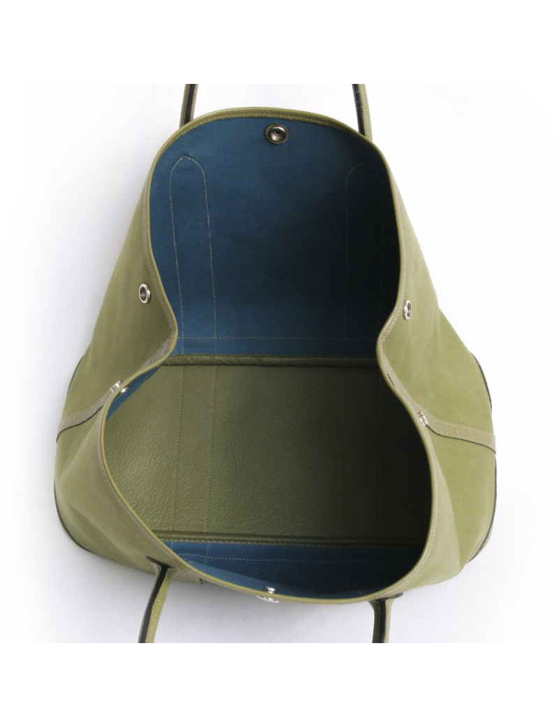 Sac Garden party HERMES toile kaki et cuir taurillon Clémence bicolore